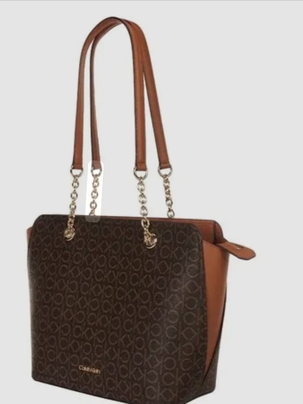 Calvin Klein Brown Monogram Tote with Tan Leather Straps - Picture 1 of 1